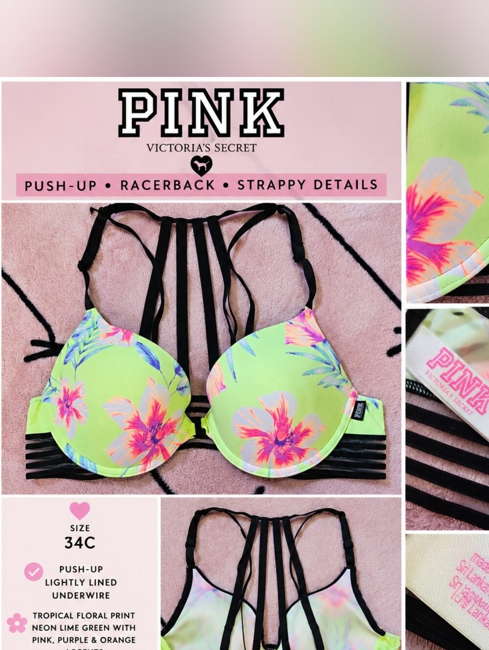 PINK Victoria's Secret Neon Lime Floral Strappy Racerback Bra